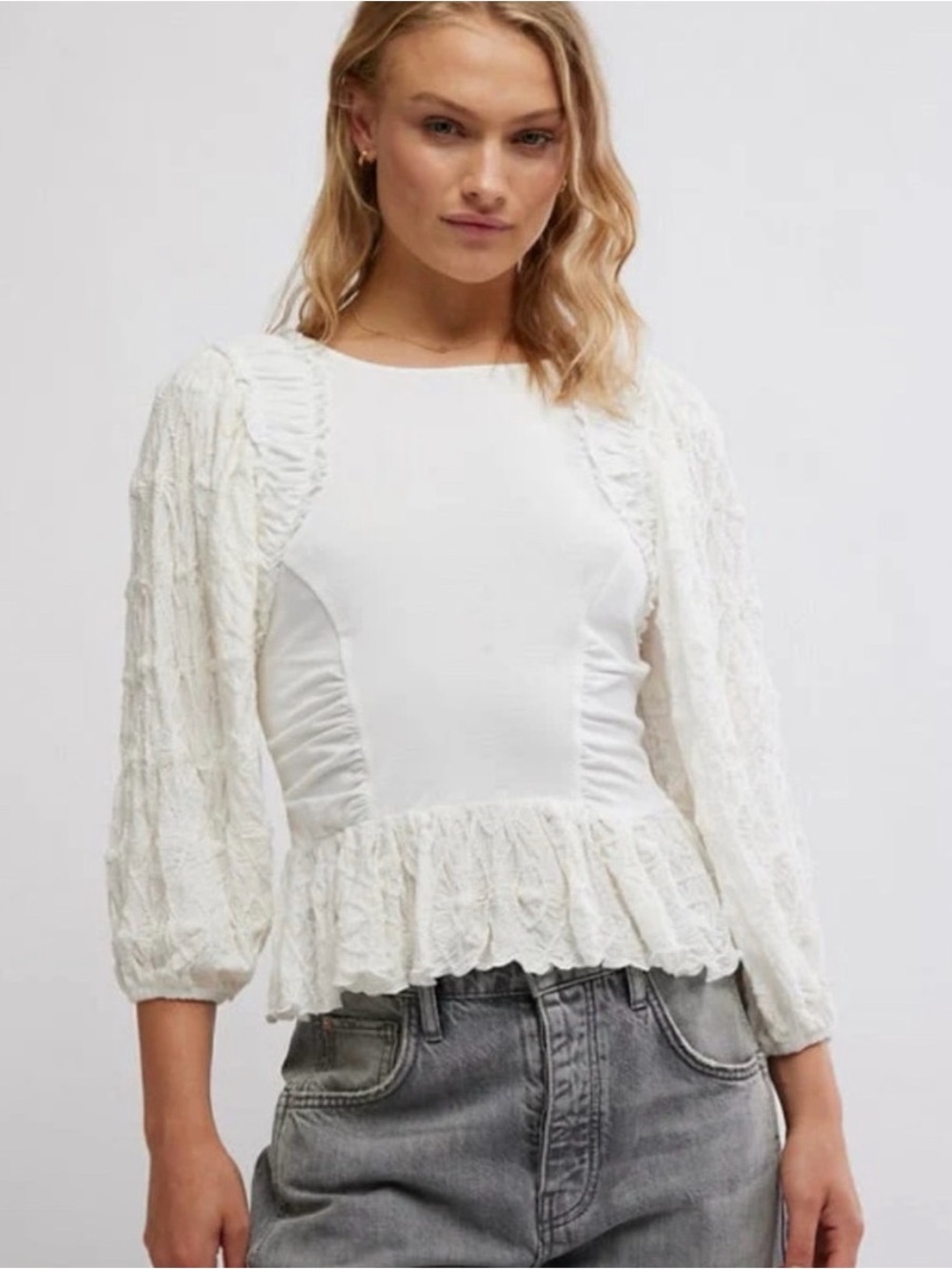NWT Free People Olivia Top White Lace Peplum Blouse, Size Small